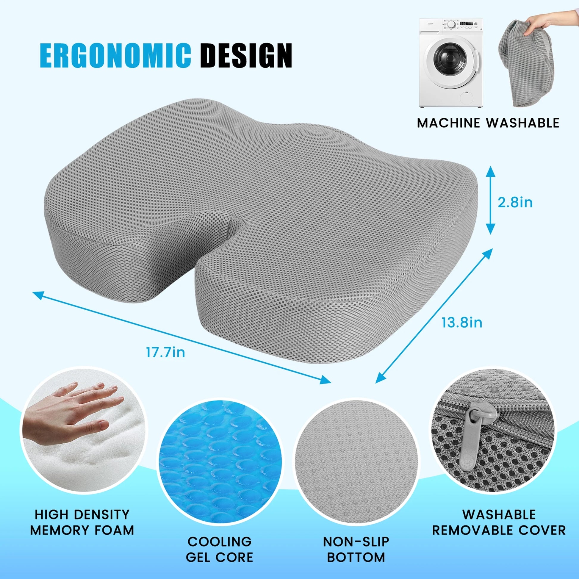 Ultimate Gel & Memory Foam Seat Cushion - Office, Car, & Airplane Support for Tailbone Pain Relief - Non-Slip Coccyx Cushion for Sciatica & Back Pain - Comfort in Gray